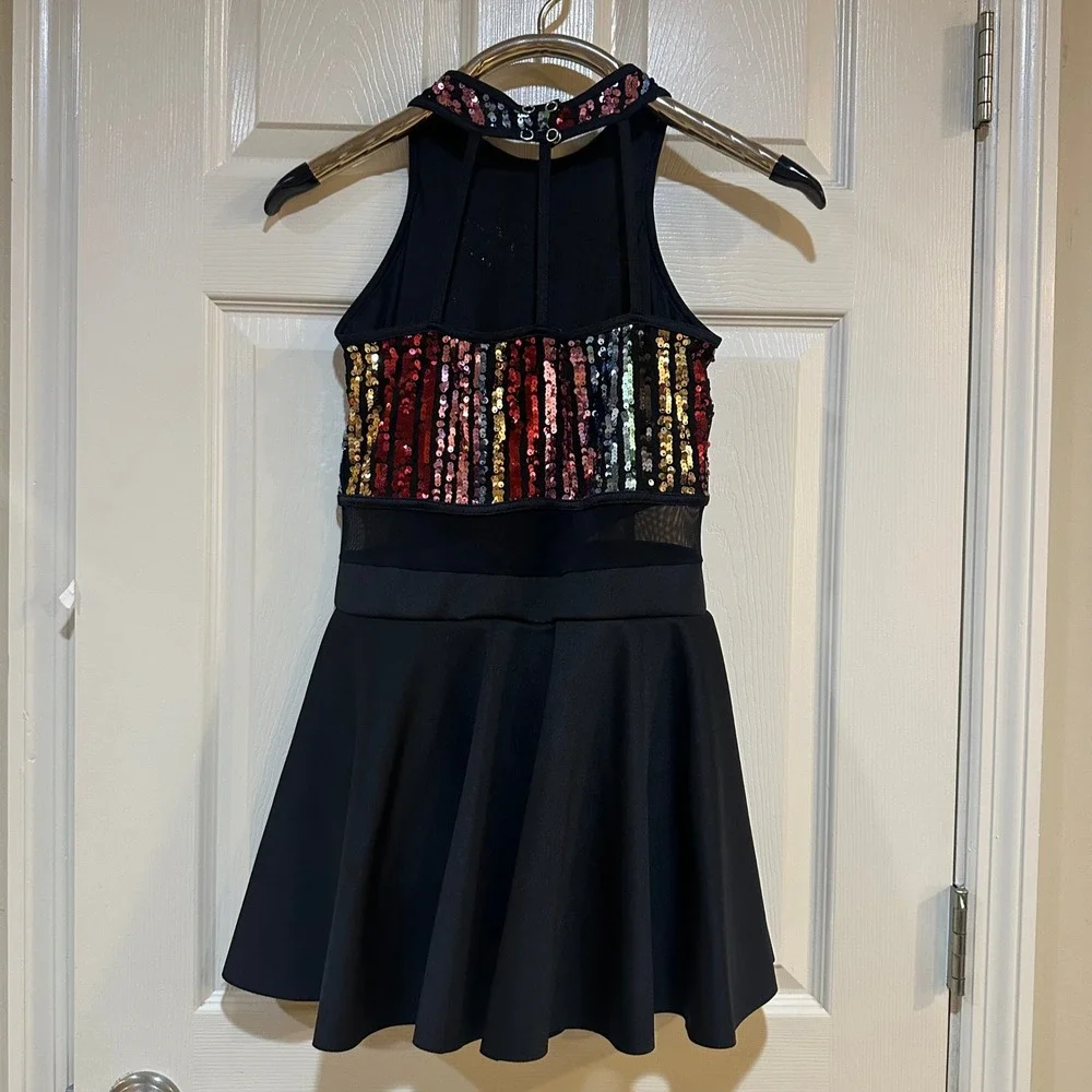 Kids Multi Color Sequin Dance Costume Dress‎ Black Skater Skirt Mesh Panel